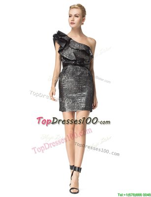 One Shoulder Printed Black Zipper Cocktail Dresses Ruching and Pattern Sleeveless Mini Length