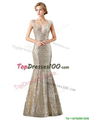 Ideal Mermaid Champagne Sleeveless Sequins Floor Length Prom Dress