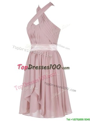 Pretty Pink Sleeveless Chiffon Backless Juniors Party Dress for Prom and Party