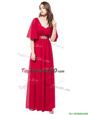 Inexpensive Floor Length Coral Red V-neck Half Sleeves Zipper