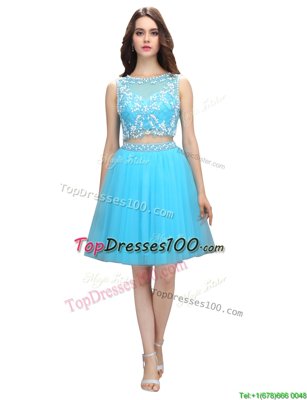 Scoop Baby Blue Sleeveless Knee Length Appliques Backless Party Dress Wholesale