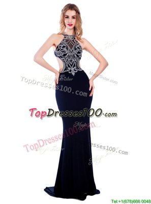 Fancy Navy Blue Silk Like Satin Criss Cross High-neck Sleeveless With Train Prom Dresses Sweep Train Beading