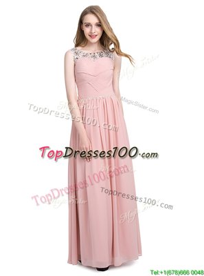 Scoop Floor Length Pink Prom Dresses Chiffon Sleeveless Beading