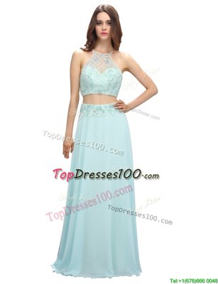 Fantastic Scoop Sleeveless Prom Dresses Floor Length Beading Light Blue Chiffon
