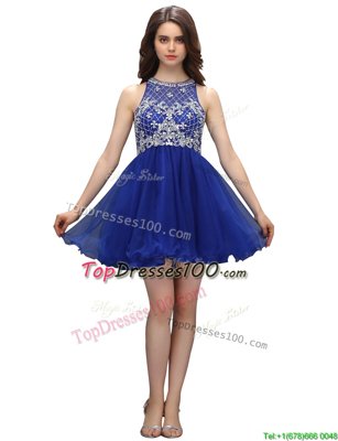 High End Royal Blue Zipper High-neck Beading Cocktail Dress Organza Sleeveless