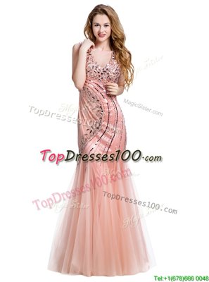 Flirting Mermaid Peach Sleeveless Tulle Lace Up Evening Gowns for Prom and Party