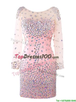 Pink Column/Sheath Satin Scoop Long Sleeves Beading Mini Length Zipper Cocktail Dresses