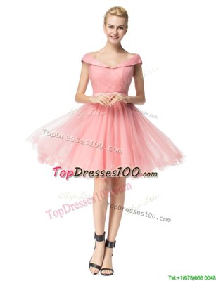 Best Selling Pink Off The Shoulder Zipper Belt Party Dress for Girls Cap Sleeves