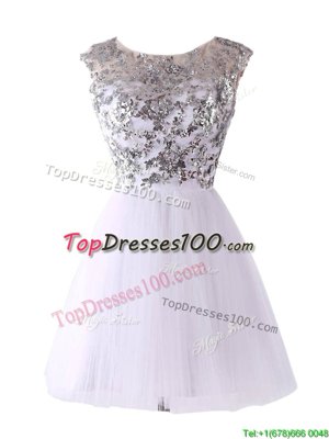 White A-line Tulle Scoop Cap Sleeves Sequins Mini Length Backless Cocktail Dresses