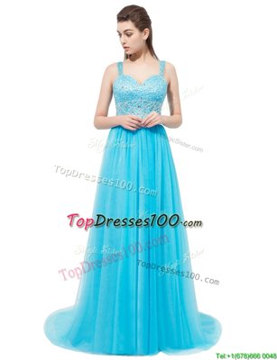 With Train Aqua Blue Dress for Prom Tulle Brush Train Sleeveless Beading