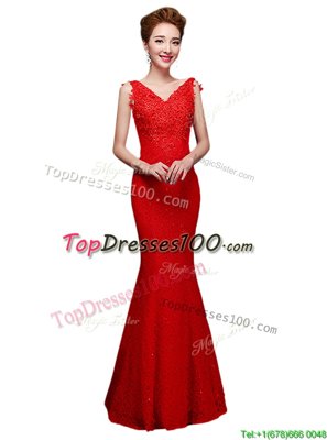 Fitting Red Column/Sheath Lace V-neck Sleeveless Lace Floor Length Lace Up Evening Dress