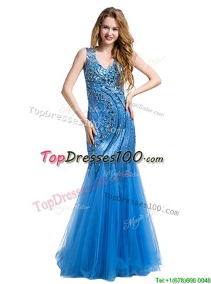 Stunning Mermaid Sleeveless Tulle Floor Length Zipper Prom Evening Gown in Baby Blue for with Beading and Appliques