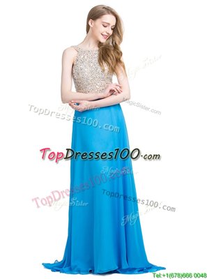 Scoop Blue Column/Sheath Beading Zipper Chiffon Sleeveless With Train