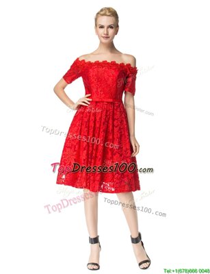 Cheap Off the Shoulder Red A-line Lace Club Wear Zipper Lace Sleeveless Knee Length
