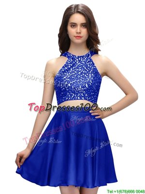 Admirable Scoop Sleeveless Womens Party Dresses Mini Length Beading Royal Blue Taffeta