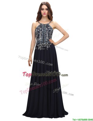 Black Chiffon Zipper Spaghetti Straps Sleeveless With Train Cocktail Dresses Brush Train Beading