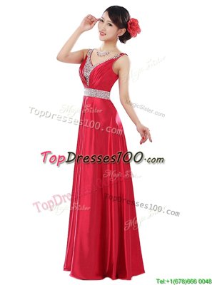 Coral Red Zipper V-neck Beading Prom Gown Elastic Woven Satin Sleeveless