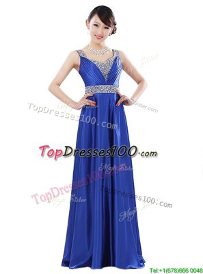 Hot Sale Empire Prom Dress Royal Blue V-neck Elastic Woven Satin Sleeveless Floor Length Zipper