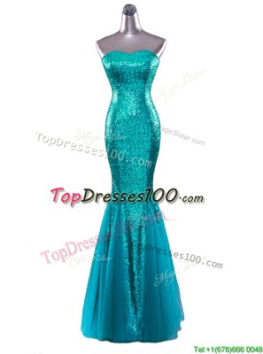 Sumptuous Mermaid Turquoise Strapless Neckline Sequins Prom Dress Sleeveless Zipper