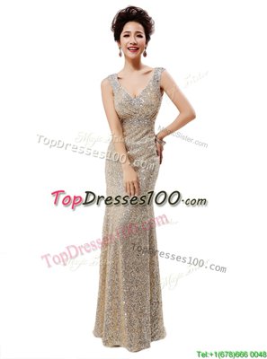 Sequins V-neck Sleeveless Zipper Dress for Prom Champagne Sequined