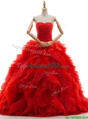 Flare Red Sleeveless Ruffles and Ruching Lace Up Wedding Gown