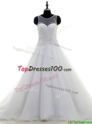 Simple Scoop Beading Wedding Dress White Zipper Sleeveless With Train Sweep Train