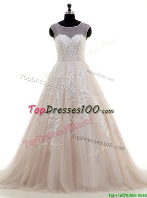 Luxurious Scoop Cap Sleeves Tulle Bridal Gown Lace and Appliques Brush Train Zipper