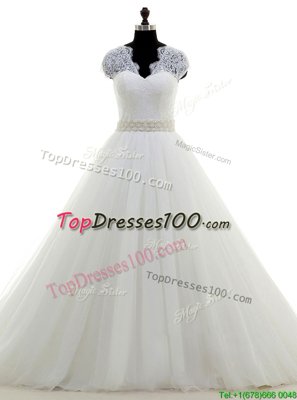 Cap Sleeves Brush Train Clasp Handle With Train Beading and Lace Wedding Gowns