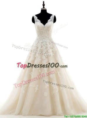 Lovely Lace V-neck Sleeveless Brush Train Clasp Handle Bridal Gown Champagne Organza