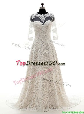 Scoop 3|4 Length Sleeve Court Train Clasp Handle With Train Lace Wedding Gowns