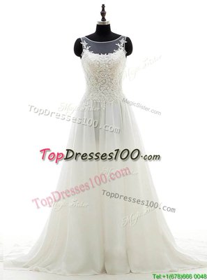Scoop White Column/Sheath Lace Wedding Dresses Clasp Handle Chiffon Sleeveless With Train