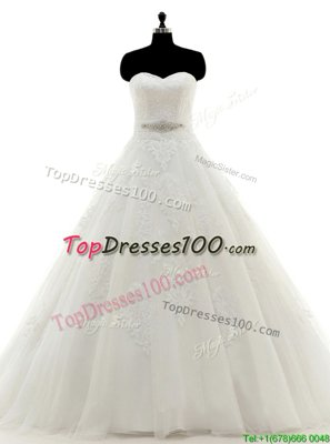 Sleeveless Brush Train Clasp Handle With Train Beading and Lace and Appliques Wedding Gowns