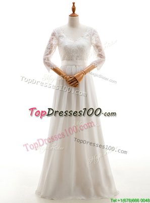 Elegant V-neck 3|4 Length Sleeve Lace Up Wedding Gown White Chiffon