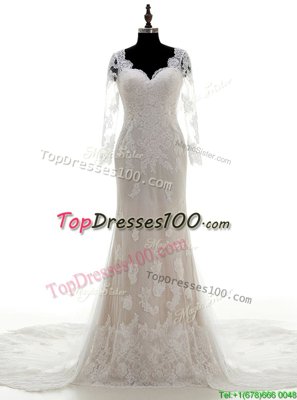 White 3|4 Length Sleeve With Train Lace and Appliques Clasp Handle Wedding Dresses