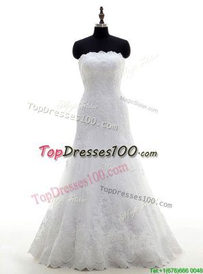 White Strapless Neckline Lace Wedding Gown Sleeveless Clasp Handle