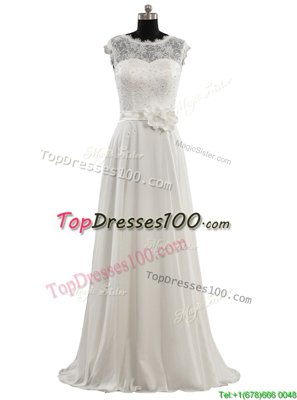 Empire Wedding Dresses White Scoop Chiffon Cap Sleeves Floor Length Clasp Handle