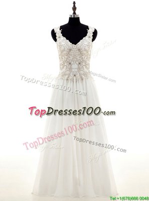 Lovely Chiffon Long Sleeves Floor Length Bridal Gown and Beading and Lace and Appliques
