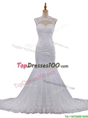 Mermaid Scoop With Train Clasp Handle Wedding Dresses White and In for Wedding Party with Beading and Lace Brush Train