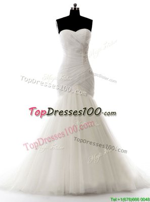 Excellent White Mermaid Sweetheart Sleeveless Tulle With Brush Train Zipper Beading Wedding Dresses