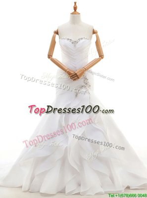 White Sleeveless Organza Court Train Lace Up Wedding Dresses for Wedding Party