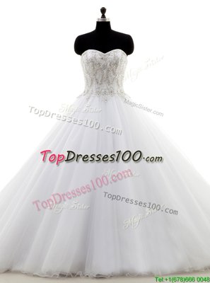 Stylish White Clasp Handle Sweetheart Beading Wedding Gowns Organza Sleeveless Brush Train