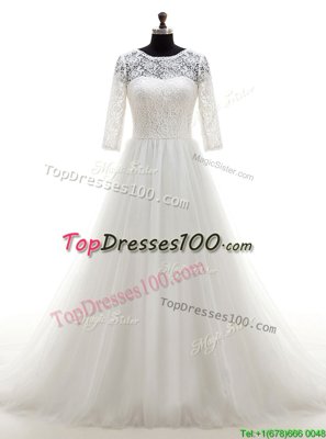 Scoop Lace Wedding Dresses White Clasp Handle Half Sleeves With Brush Train