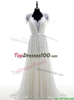 Deluxe White Clasp Handle V-neck Lace Bridal Gown Chiffon Short Sleeves Brush Train