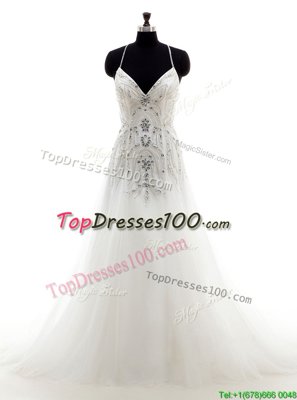 Trendy White Wedding Gown Wedding Party and For with Beading Halter Top Sleeveless Brush Train Criss Cross