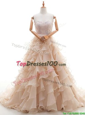Organza Sweetheart Sleeveless Brush Train Lace Up Lace and Ruffled Layers Wedding Gown in Peach