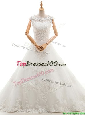 Sweet V-neck Sleeveless Lace Wedding Dresses Lace and Bowknot Brush Train Backless