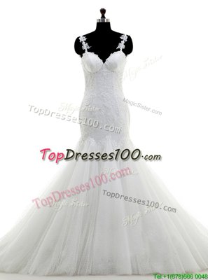 Brush Train Mermaid Wedding Gown White Spaghetti Straps Tulle Sleeveless With Train Side Zipper