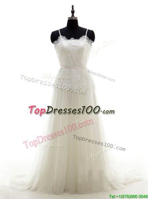 Hot Selling White Zipper Wedding Gown Lace Sleeveless With Brush Train