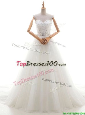Discount White Sweetheart Neckline Beading and Appliques Wedding Gown Sleeveless Lace Up