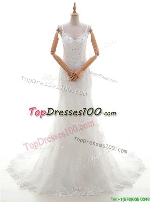 Popular V-neck Sleeveless Wedding Dress With Brush Train Beading and Lace and Appliques White Lace